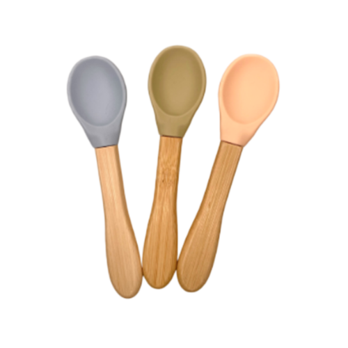 Cuillères en Bambou + Silicone - Lot de 3 (Vert Pastel, Bleu Pastel Et Rose Poudré)