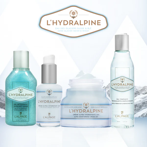 Coffret Cadeau / Set Crème Visage Hydratante 24h + Sérum Visage Hydratante 24h + Eau Tonifiante + Gel Nettoyant Exfoliant L'HYDRALPINE